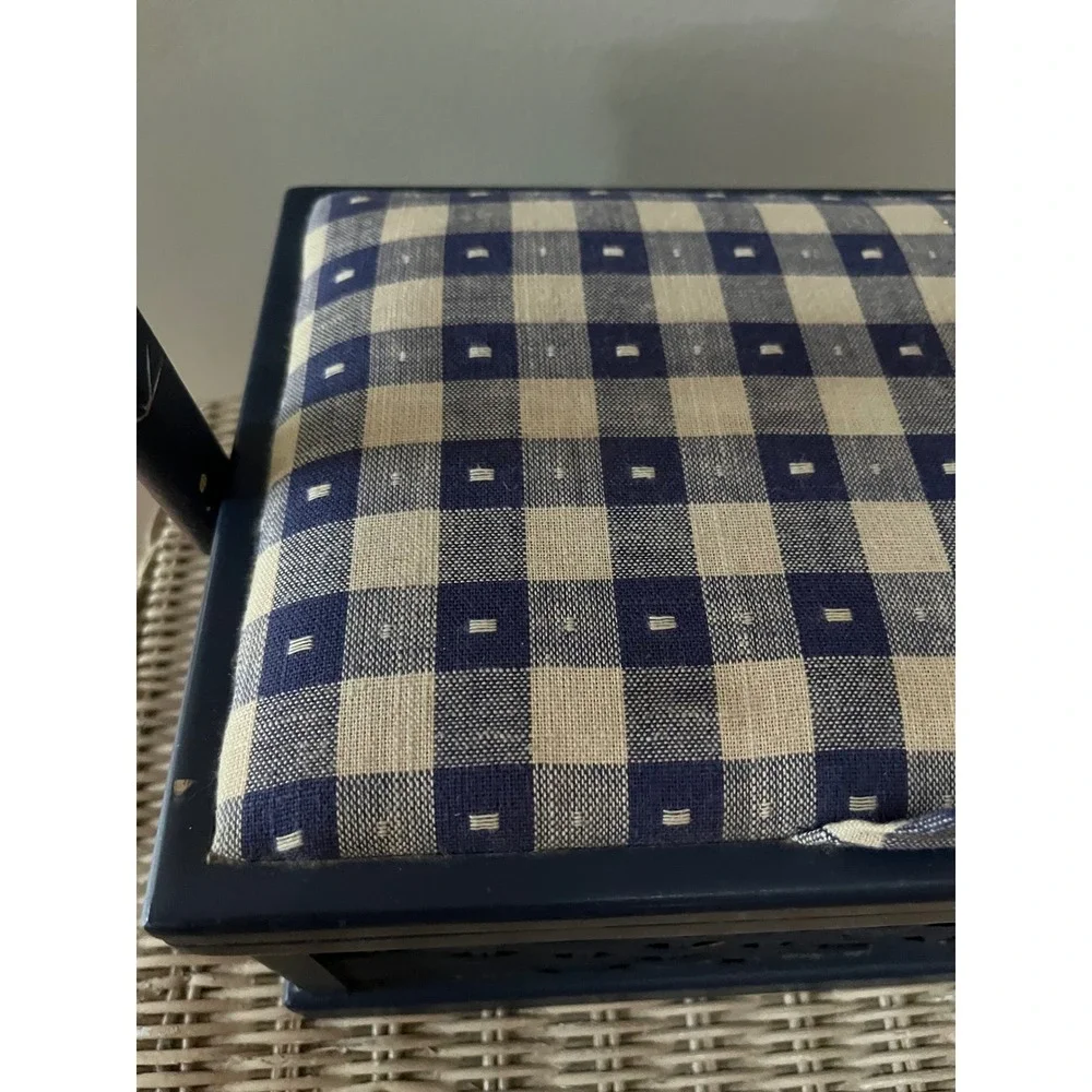 Vintage Navy Blue Wicker Sewing Basket Gingham Padded Lid Organizer Handle